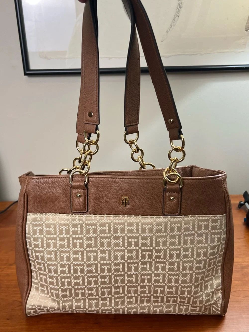 Tommy Hilfiger monogram chain strap tote bag in tan and beige
